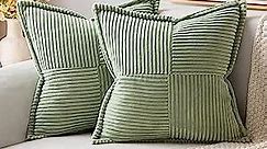 MIULEE Corduroy Pillow Covers with Splicing Set of 2 Super Soft Boho Striped Pillow Covers Broadside Decorative Textured Throw Pillows for Couch Cushion Livingroom 18 x 18 inch, Sage Green