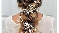 SWEETV Crystal Gold Hair Vine - Braided Bridal Headband Bohemian Wedding Headpiece - 28.5 inch/72 cm Extra Long Pearl Hair Accessories for Brides Bridesmaids