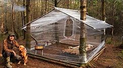 Building a Woodland Cabin with Plastic Wrap | Wood Stove | Survival Project | Bushcraft Shelter