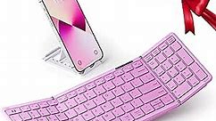 seenda Foldable Bluetooth Keyboard for Travel, Portable Wireless Folding Keyboard with Number Pad, Full-Size Rechargeable Keyboard for Laptop Tablet PC Mac Windows iOS Android - Purple Pink