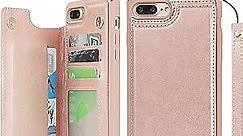 iCoverCase for iPhone 8 Plus/7 Plus Wallet Case with Credit Card Holder Stand [RFID Blocking] PU Leather Kickstand Magnetic Shockproof Cover with Wrist Strap (Rose Gold)