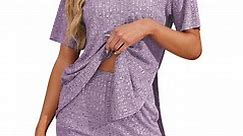 Asklazy Women's Pajamas Set short Sleeve and short Pants 2 Piece Pjs Sleepwear with Pockets,US Size,Purple,2XL