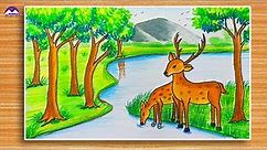 How to draw a deer scenery of forest | How to draw deer with beautiful scenery
