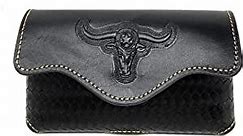Western Cowboy Horizontal Basketweave Leather Multi Emblem Cellphone Belt Holster Case in 2 Colors (Black Longhorn)