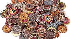 100 Pcs Wood Buttons, Mixed Pattern Vintage 2 Holes Buttons Assorted Decorative Buttons Flower Round Shape Buttons for DIY Sewing Craft Decorative 25mm