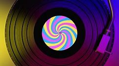 Black vinyl record spinning and play music on the dj turntable with colorful label in the center of the plate. Top view to vinyl disc with popular disco trends 60s, 70s, 80s, 90s, loop 3d animation.