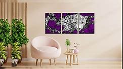 Visual Art Decor Purple Room Decor Leopard & Purple Flowers Floral Wall Art Cheetah Decor Picture Framed Artwork for Walls 3 Piece (12x16inchx3 Pieces)