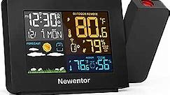 Newentor Atomic Projection Alarm Clock with Weather Station for Bedrooms, Projector Clocks with WWVB Function, Indoor Outdoor Thermometer Wireless, Temperature Humidity Monitor and Weather Forecast