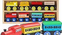 Wooden Train Set 12 PCS - Train Toys Magnetic Set Includes 3 Engines - Toy Train Sets For Kids Toddler Boys And Girls - Compatible With All Major Brands - Original - By Play22