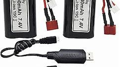 Blomiky 2 Pack 7.4V 1500mAh 15C Li-ion Rechargeable Battery with Deans T Plug Connector and Charger Cable for 9155 and 9156 1:12 Scale High Speed RC Truck 9156 Battery 2