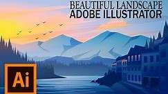 Beautiful vector landscape. A small town with mountain and lake on Illustrator.