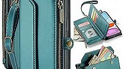 Crossbody for iPhone 11 Wallet Case【RFID Blocking】 with 7-Card Holder Zipper Bills Slot, Soft PU Leather Magnetic Wristlet Shoulder Strap for iPhone 11 Phone Case Wallet for Women,Blue Green