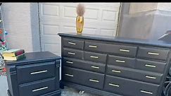 This set has a dresser with 7 drawers, two of them deeper ones with extra handles for ample storage . The single 2 drawer nightstand coordinates well featuring a hidden bottom slider drawer for additional storage . Painted and sealed in SW Tricorn Black . Delivery service available. Cholla and Reems. Dresser -. 55 1/2 inches, wide, 34 inches tall 19 inches deep . Nightstand-24 1/2 inches tall 15 1/2 inches deep 24 inches wide 400.00 | PashenSel Refurbishing