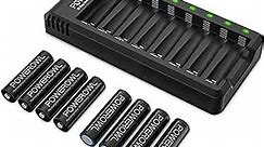 Rechargeable AA Batteries with Charger, POWEROWL 8 Pack of 2800mAh High Capacity Low Self Discharge Ni-MH Double A Batteries with Smart 8 Bay Battery Charger (USB Fast Charging, Independent Slot)