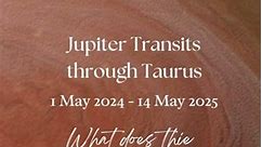 Guru Jupiter Transits Taurus 🪐 Tomorrow begins an important transit that should bring some stability. From May 1, 2024 to May 14, 2025 Jupiter will be traveling through the constellation of Taurus. Jupiter is the benevolent Guru, who governs knowledge, spirituality, prosperity, and auspiciousness. As the planet of expansion and abundance, it gives growth, opportunity, generosity, and integrity, guiding us toward Dharma, and our highest self. Jupiter’s benevolence can bring a boost to your caree
