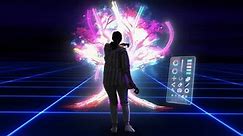 Digital Artist Using VR Software to Create a 3D Piece of Art: Female Designing a Colorful Spiritual Tree Artwork in a Cyberspace Environment. Designer Using Controllers to Manipulate the Painting