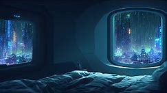 Rainy Night In Cozy Cyberpunk Bedroom | Rain on Window Sounds
