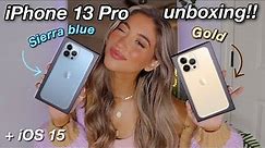 iPhone 13 Pro UNBOXING SIERRA BLUE & GOLD +FIRST IMPRESSIONS! *testing out camera & iOS 15 features*