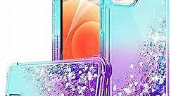 Compatible for iPhone 12 Case, iPhone 12 Pro Case with HD Screen Protector for Girls Women, Gritup Cute Clear Gradient Liquid Glitter Bling Protective Phone Case for iPhone 12/12 Pro Teal/Purple