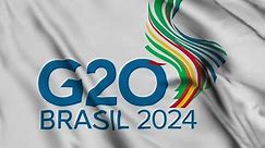 2024 G20 Rio de Janeiro summit Brasil - is the upcoming nineteenth meeting of Group of Twenty. Official Brazil's G20 Logo on real 3D fabric textured waving flag 4k looped video footage.