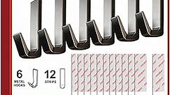 Damage Free Hanging Wall Hooks with Adhesive Strips, Adhesive Hooks for Hanging Heavy Duty, Removable Black Sticky Hooks, 6 Metal Hooks and 12 Strips