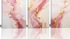 Pink Marble Canvas Wall Art 3 Pieces Pink Gold Abstract Painting for Girls Room Living Room Kitchen Poster Prints Decor Framed (12.00" x 16.00" x3Pcs, Pink)
