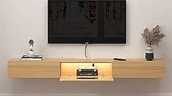 Floating TV Stand with LED Lights, 71'' Wall Mounted TV Cabinet with Glass Door and 2 Drawers, Wooden Entertainment Media Console Center Large Storage Shelf Under TV (70.86IN, Oak)