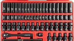 NEIKO 02471A Impact Socket Set, 3/8” Drive, 67 Piece, Metric and Standard Master Socket Set with Shallow & Deep Sockets, Ratchet, Swivel Sockets, Extension Bars, Adapters, Cr-V & Cr-Mo