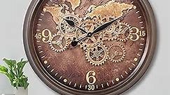 CLXEAST 24 Inch Large Wall Clock with Moving Gears, Industrial Decor Clocks with World Map Dial, Oversized Cool Silent Wall Clock for Living Room Decor,Oil Rubbed Bronze Brown
