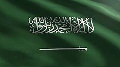 Waving Green Saudi Arabia National Flag With Calligraphy Arabic Inscription. Muslim Creed And Horizontal Sword In Saudi Arabia National Flag. Kingdom Of Saudi Arabia National Flag. Middle East