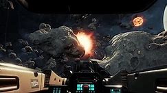 Controlling a futuristic spaceship in the modern video game. Spaceship attacking the rival interstellar forces in a video game mission. Eliminating the enemy spaceship in a video game level.