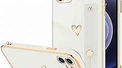 LLZ.COQUE Compatible with iPhone 11 Case for Women Girls, Bling Luxury Plated Bumper with Cute Love-Heart Design, Adjustable Hand Strap Stand, Raised Edges Shockproof Protection for iPhone 11 - White