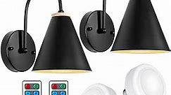 Battery Operated Wall Sconce Set of Two, Industrial Black Faux-Wood Battery Powered Wall Light, Cordless Wall Lamp Fixtures with Remote&LED Puck Light for Bedroom Farmhouse Gallery Fireplace