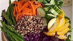 Love making this easy and nutritious salad bowl 🌈 seeing all these colors on my plate makes me feel like I’m truly nurturing my body!What you’ll need:▪️Mix of greens▪️Asparagus▪️Carrots▪️Yellow squash▪️Purple cabbage▪️Cucumber▪️Quinoa▪️WatercressDressing:▪️3 tablespoons olive oil▪️1 teaspoon lemon/lime juice1▪️2 teaspoons balsamic vinegar▪️1 teaspoon balsamic glaze▪️1 teaspoon dijon mustard▪️Pinch garlic powder▪️Salt and pepper to tasteCombine all dressing ingredients and adjust to taste. Store