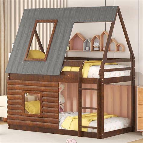 twin  twin size wood house bunk bed  roof ladder   windows