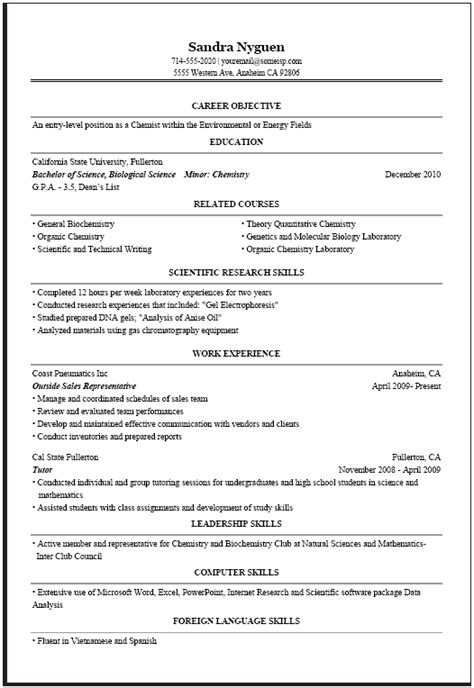 natural sciences resume sample career center csuf