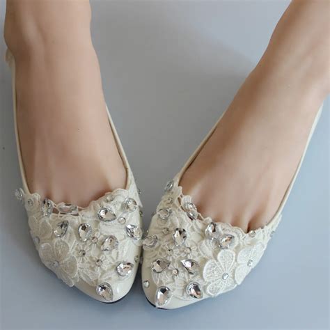 handmade wedding shoes flat white rhinestone lace flower bridal shoes women flats  womens
