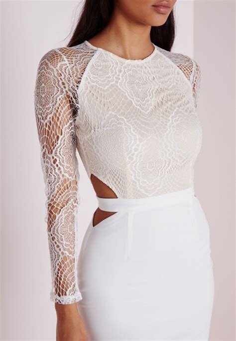 missguided lace long sleeve cut out midi dress white in white lyst