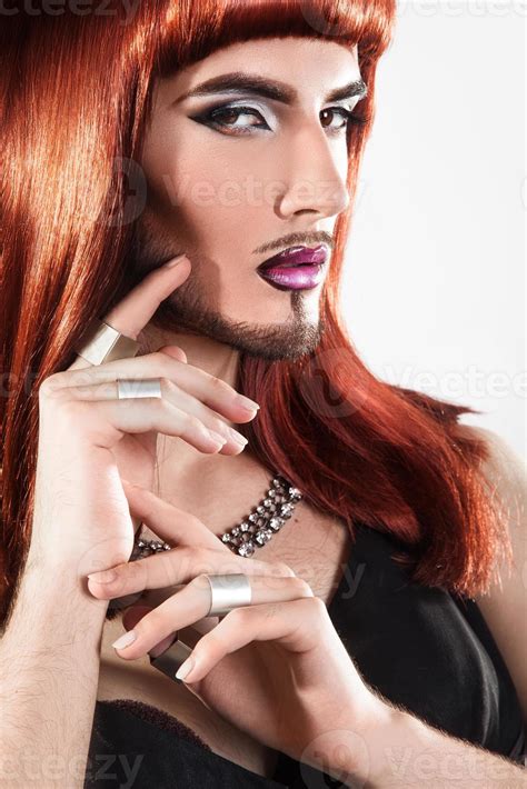 Closeup Portrait Of Cute Redhair Bearded Shemale Model With Nice Makeup