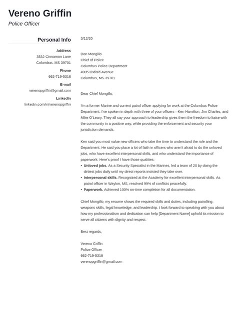 resume cover letter examples  police officers