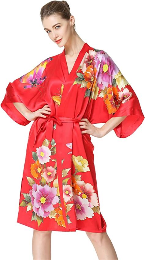 Bitablue Women S Red Pure Silk Robe With Butterfly And Flower Patterns