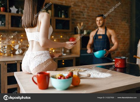 Sexy Couple Underwear Cooking Kitchen Naked Man Woman Preparing