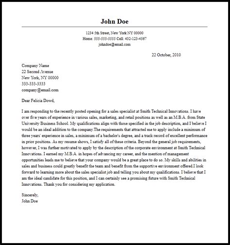 professional sales specialist cover letter sample