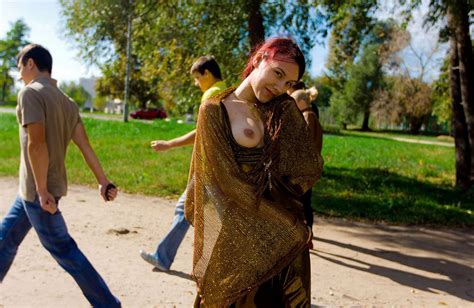red haired babe in a gold dress shines hairy pussy in the park russian sexy girls