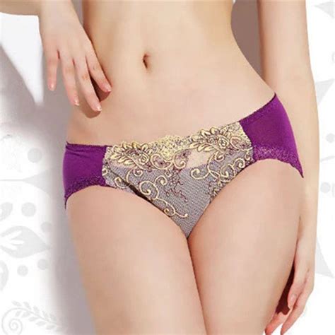 Sexy Lace Embroidery Bamboo Fiber Elegant Panties Pure Color Mid Waist