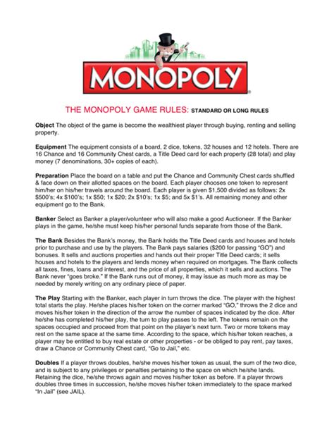 monopoly game rules standard  long rules