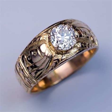 unusual antique diamond chased gold mens ring antique jewelry