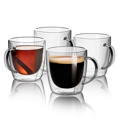 Jecobi Set Of 4 Double Wall Glass With Handle 14 Ounce Coffee Mugs