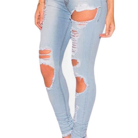 Light Blue Frayed Hem Ripped Jeans For Women Online