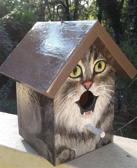 bird house hand painted custom grey tabby cat design wood etsy grey tabby cats bird house